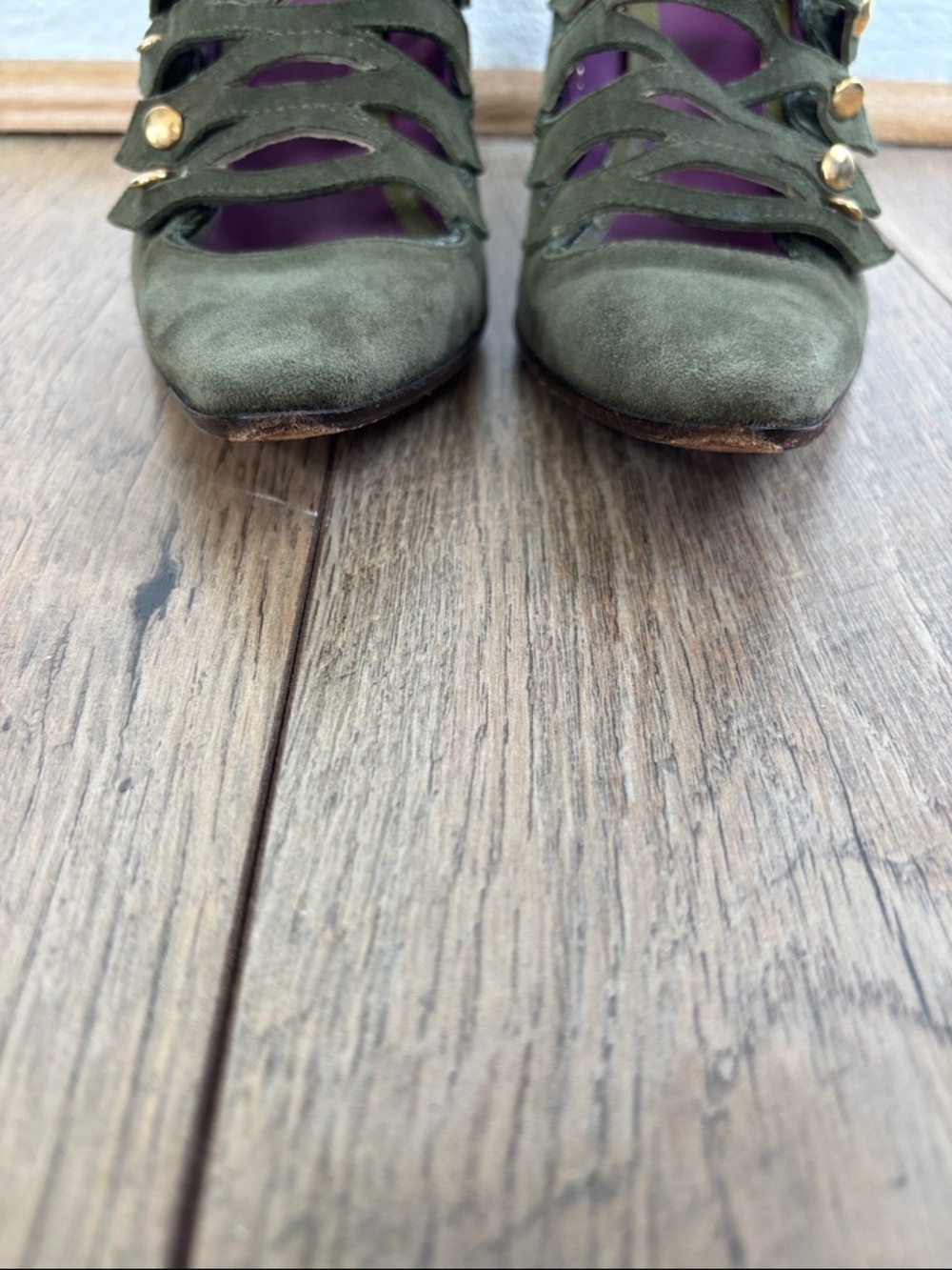 Etro Cage 1980s Leather Suede Olive Green Lace-Up Cage Stiletto Heels sz 9 1/2 - Picture 3 of 13